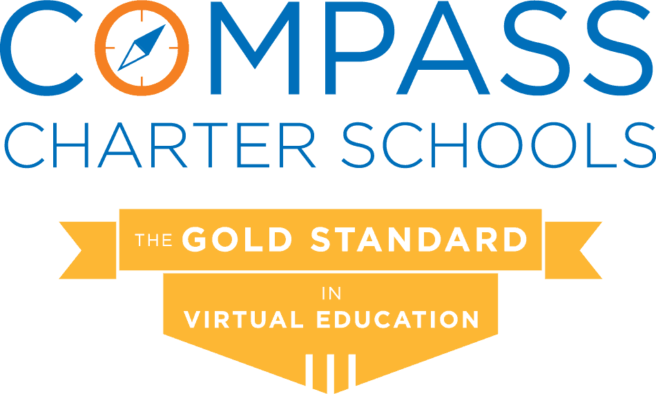 Logo of compass charter schools featuring a compass within a circle above the text "the gold standard in virtual education" on a gold banner.