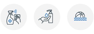 Three icons representing hygiene: hand spraying sanitizer, hand using liquid soap, and hand under running water tap.