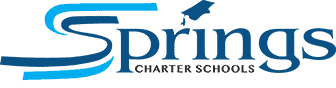 Logo of springs charter schools featuring stylized white text on a blue background.