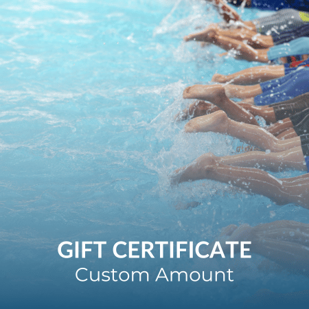 Partial view of people swimming in a pool, with the text "Gift Certificate - Custom Amount" at the bottom of the image.