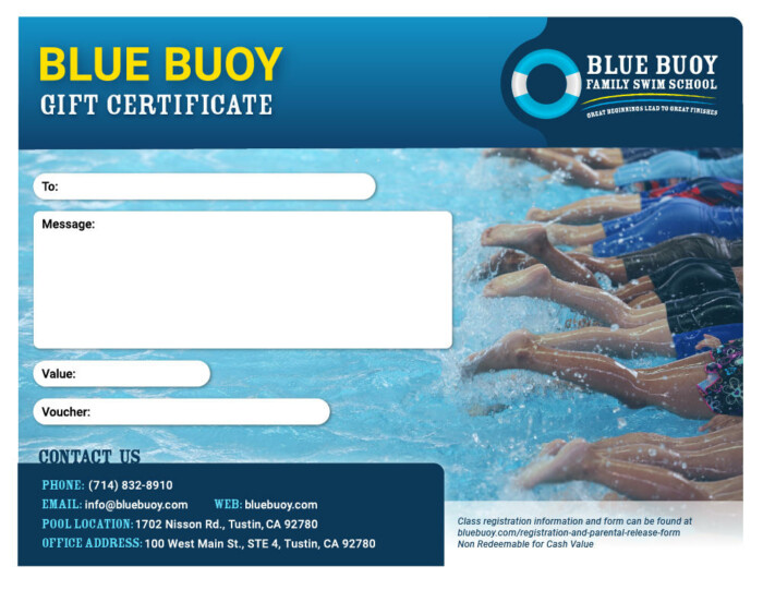 Blue Buoy gift certificate. Contact and pool location details provided. Image of swimmers lined up at the pool's edge. Includes sections for "To," "Message," "Value," and "Voucher.